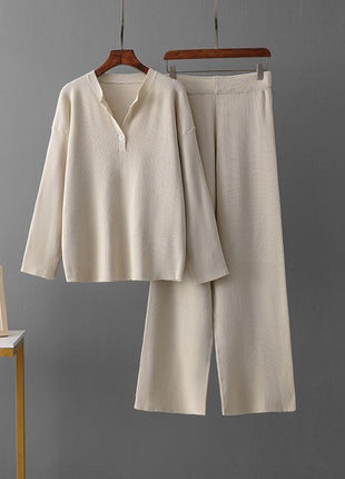 Fashion Loose V-neck Knit Casual Suit