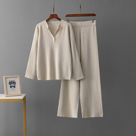 Fashion Loose V-neck Knit Casual Suit