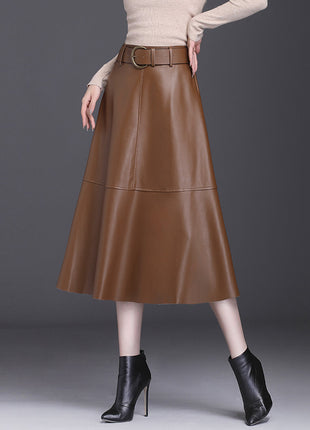 Leather A- Line High Waist Pleated Umbrella Skirt