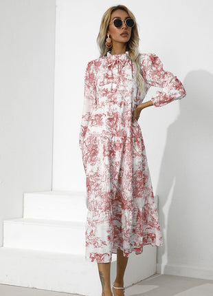 Round Neck Printed Loose Ninth-sleeve Dress