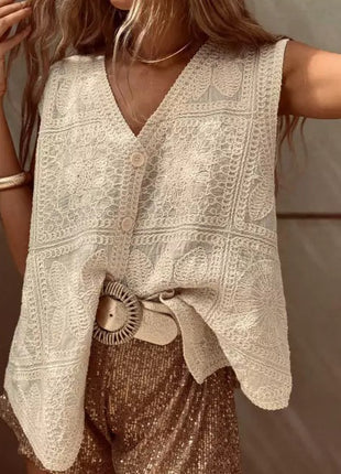 Cotton V-neck Lace Embroidered Buckle Cardigan