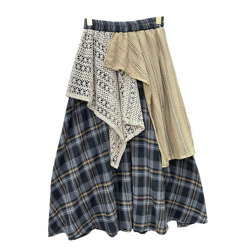 Irregular Stitching Color-contrast Check Skirt