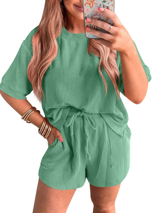 Short-sleeved Wavy Round Neck Top Elastic Waist Shorts Set