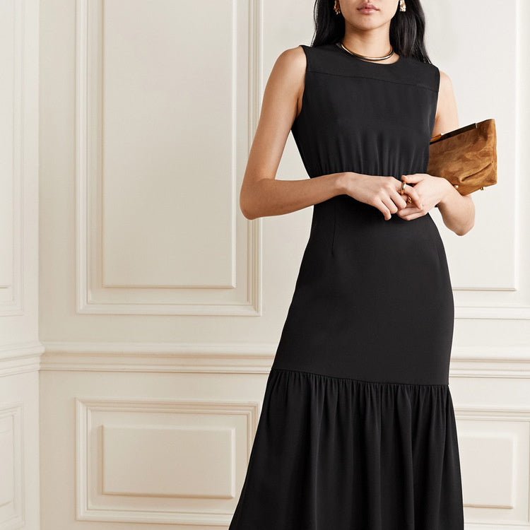 Round Neck Sleeveless Pleated Black Hip Dress