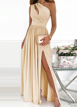 Elegant One Shoulder High Split Cutout Sleeveless Maxi Dress