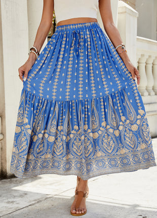 Rayon Printed Stitching Wide Hem Skirt