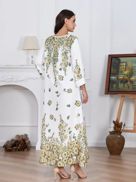 Elegant Flower Diamond Long Sleeve Round Neck Dress