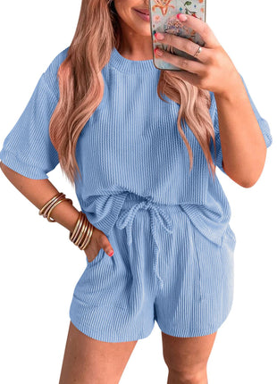Short-sleeved Wavy Round Neck Top Elastic Waist Shorts Set