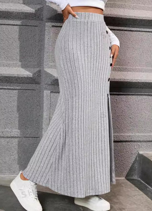 Knitted Dress Sunken Stripe Slit Fastener Decoration Sheath Skirt