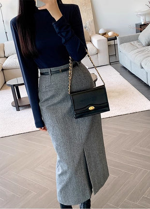 Gray Autumn and Winter Thickened High Waist Mid-Length Sheath Skirt