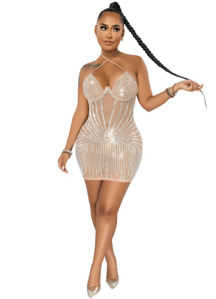 Sling Wrapped Chest Rhinestone Mesh Perspective Dress