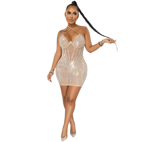 Sling Wrapped Chest Rhinestone Mesh Perspective Dress
