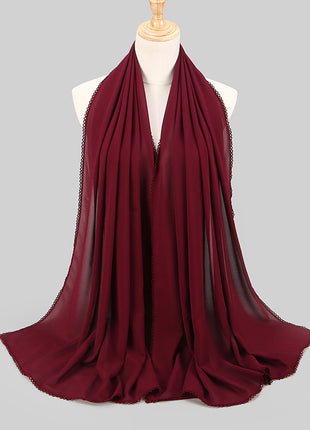 Elegant Women's Monochrome Lace Panel Pearl Chiffon Scarf