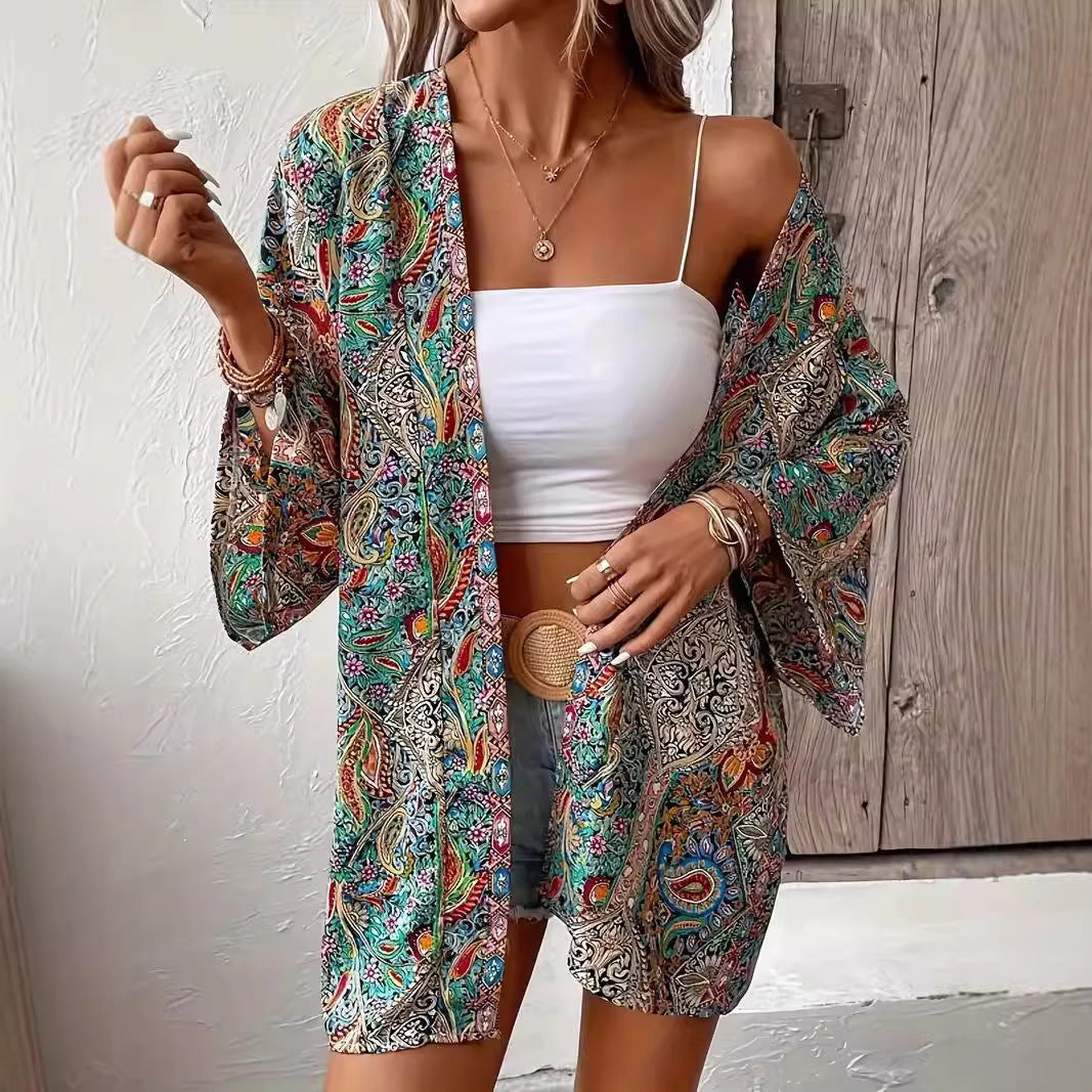 Ethnic Print Round Neck Shirt Bohemian Long Sleeve Shirt