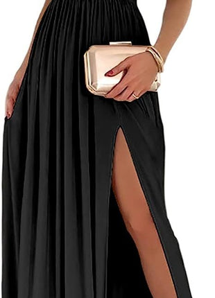 Elegant One Shoulder High Split Cutout Sleeveless Maxi Dress