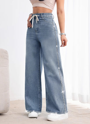 Retro Wide Leg Washed Beaded Drawstring High Waist Jeans