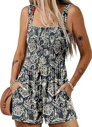 Casual Pleated Square Collar Sleeveless Loose Shorts Jumpsuit