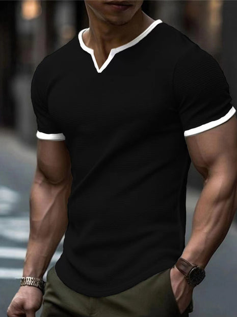 Color-block V Neck Outdoor Sports Waffle T-shirt