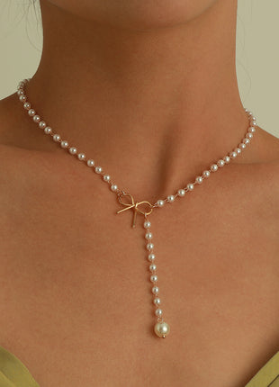Bow Pearl Tassel Pendant Necklace