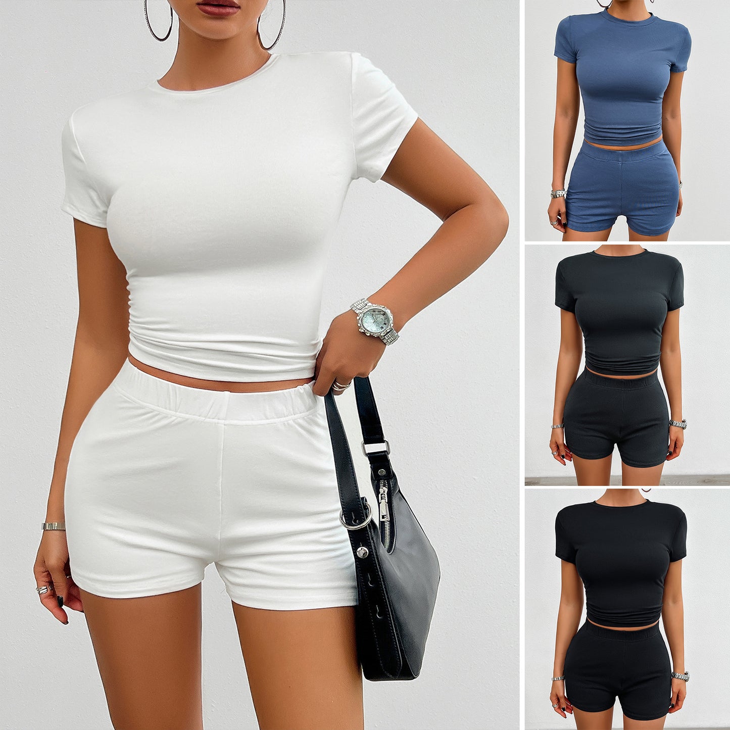 Slim Sports Suit 2Pcs Short-sleeved Round Neck T-shirt and Elastic Shorts
