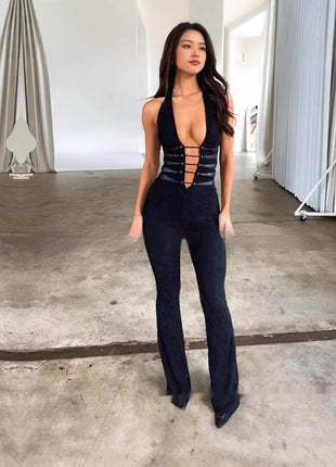 Lace Hollow-out Semi-transparent Halter Drawstring Jumpsuit