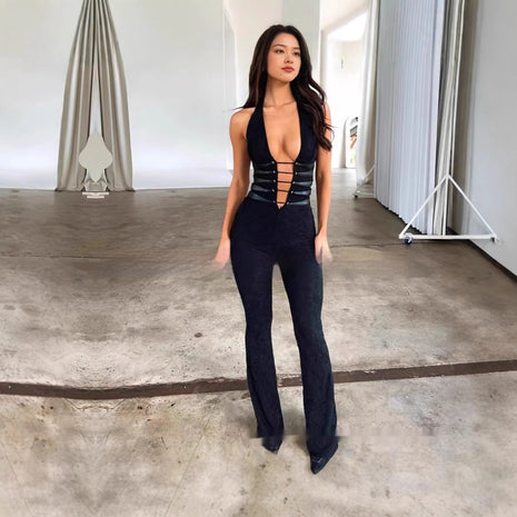 Lace Hollow-out Semi-transparent Halter Drawstring Jumpsuit