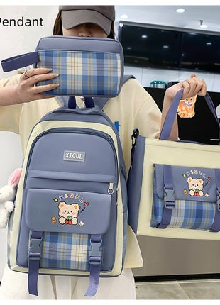Three-piece Set Large Capacity Plaid Junior Backpack