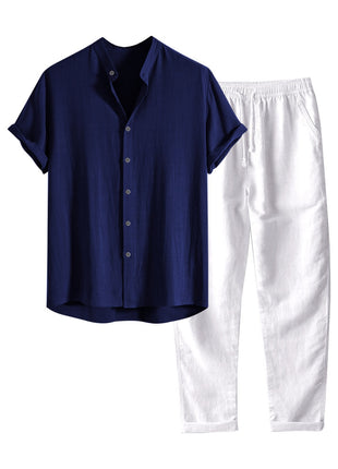 Casual Stand Collar Slim Fit Cotton And Linen Suit