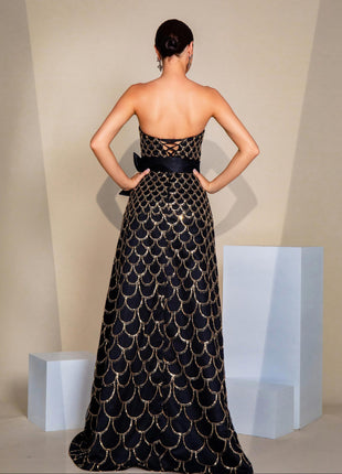 Off-neck Wrapped Chest Nipped-waist Large Swing Sequined Dress