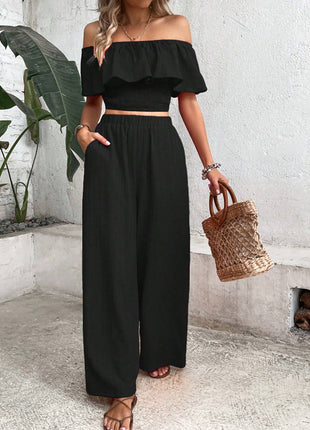 Tropical Off Shoulder Top With Lace Trim And Wide Leg Pants Set