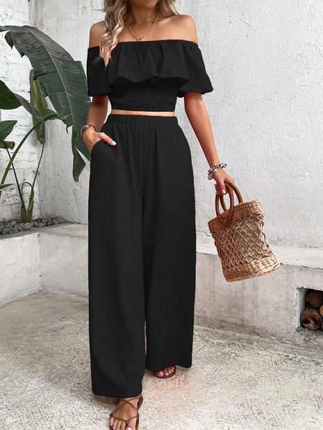 Tropical Off Shoulder Top With Lace Trim And Wide Leg Pants Set