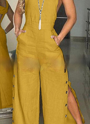 Sleeveless Side Pocket Side Buckle Wide Leg Jumpsuit