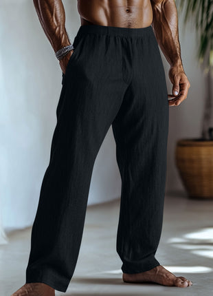 Cotton And Linen Solid Color Casual Trousers With Pockets