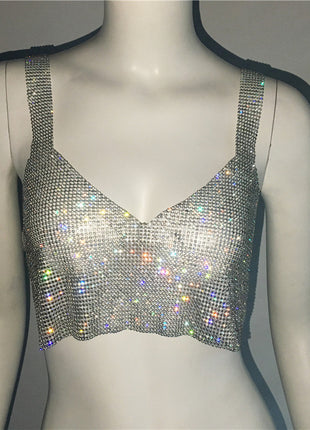 Deep V nick Rhinestone Metal Camisole Split Short Top