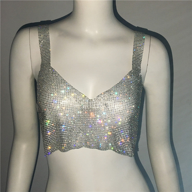 Deep V nick Rhinestone Metal Camisole Split Short Top