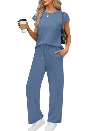 Round Neck Loose Short Sleeves Pocket Pants Casual Set