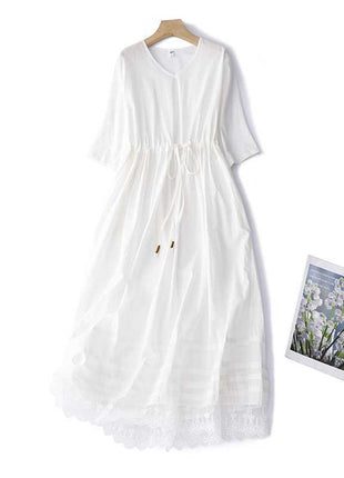 Ramie Mori Style Retro Crew Neck Dress