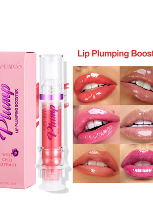 Lip plumping booster with packaging and before-and-after effects on lips.