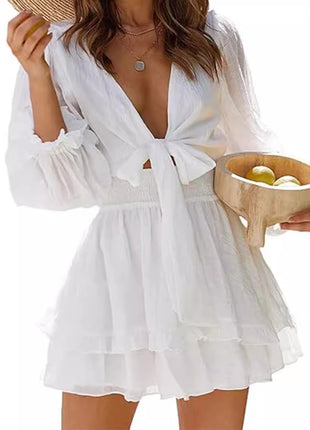 V-neck Ruffled Slimming Long Sleeves Dress