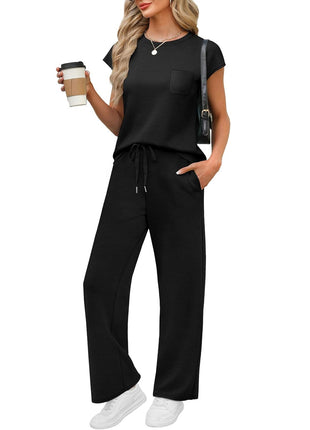 Round Neck Loose Short Sleeves Pocket Pants Casual Set