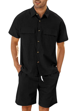 Cotton Short Sleeve Pockets Shirt And Drawstring Shorts Set