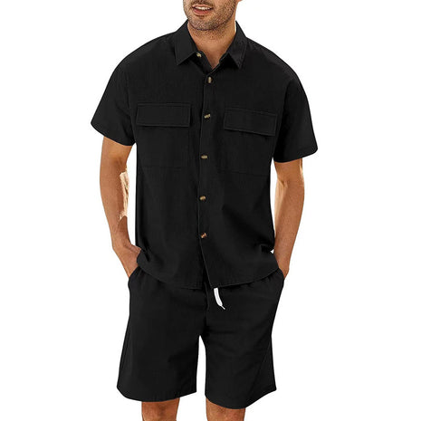 Cotton Short Sleeve Pockets Shirt And Drawstring Shorts Set
