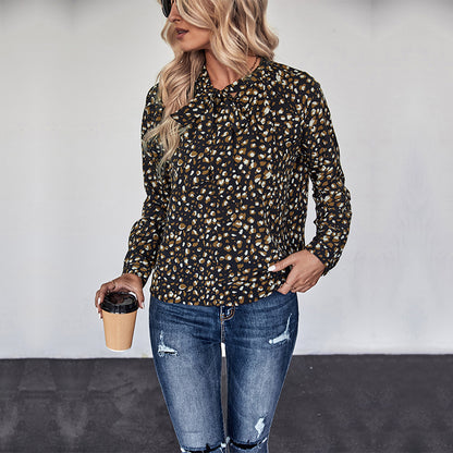 Pullover Long Sleeve Bow Collar Printed Shirt