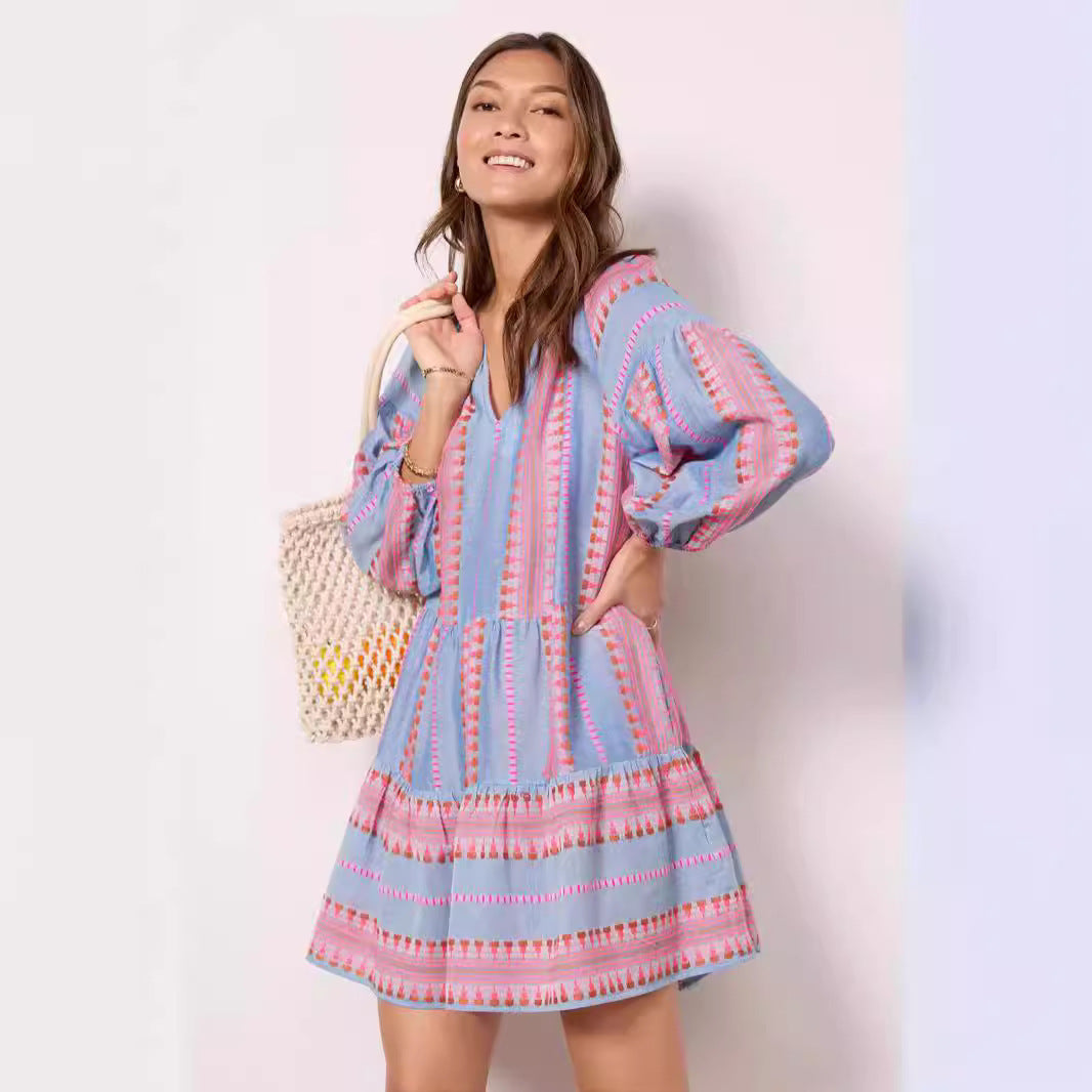Sleeve V-neck Striped Printed A- Line Skirt Dress