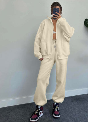 Stand-up Collar Zipper and Drawstring Trousers Set with Pockets