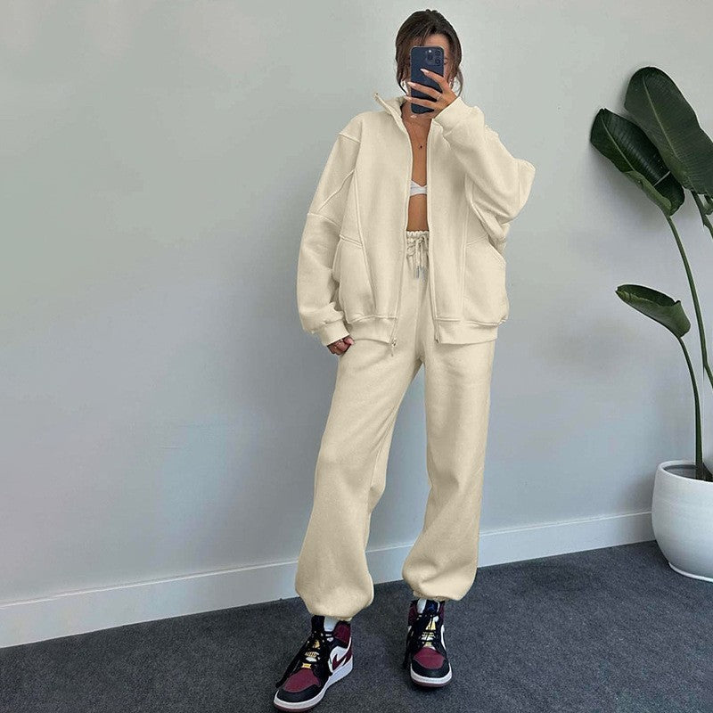 Stand-up Collar Zipper and Drawstring Trousers Set with Pockets