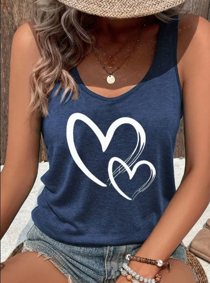 Casual Hearts Print Crew Neck Sleeveless Tank Top