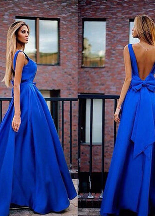 V Neck Sleeveless Backless Bow Ball Evening Dress