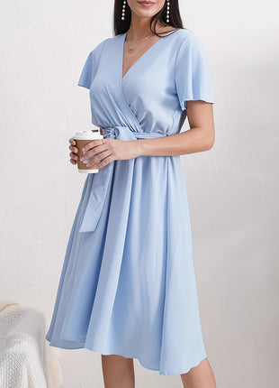 Short Sleeve Cross Collar Belt Dress