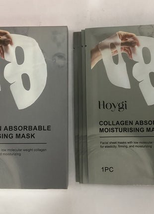 Two packages of Hoygi collagen absorbable moisturising masks on a white background